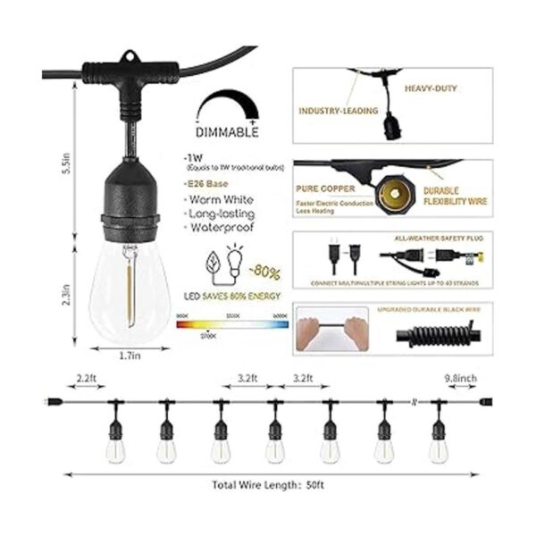 Svater Outdoor Led String Lights 50FT with 15pcs E26