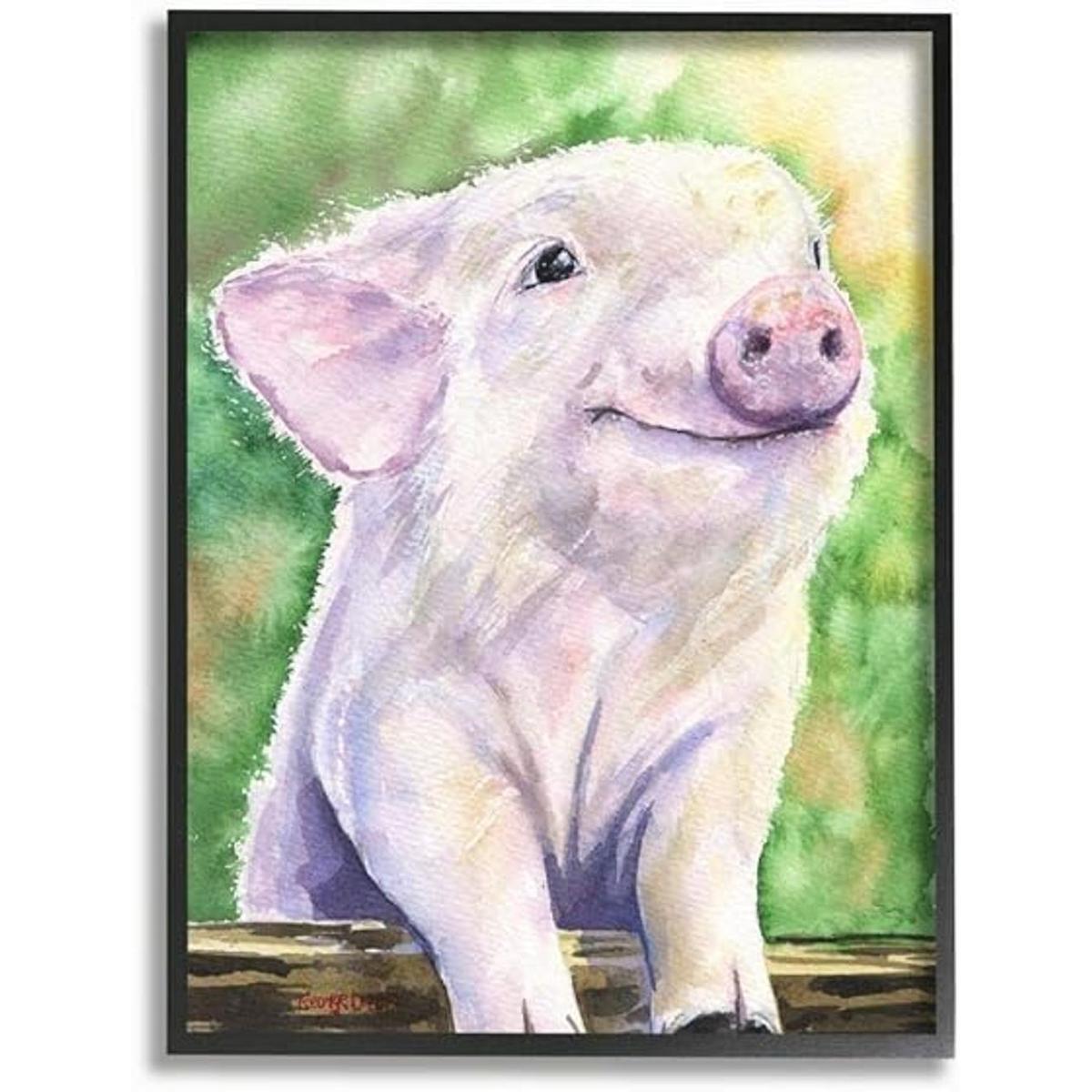 Stupell Industries Baby Pig Pintura de acuarela marco