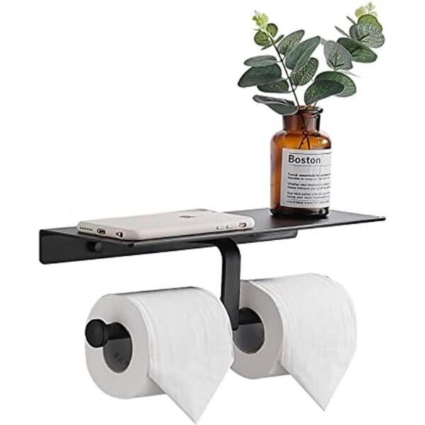Soporte de papel higiénico negro mate con estantedoble_1