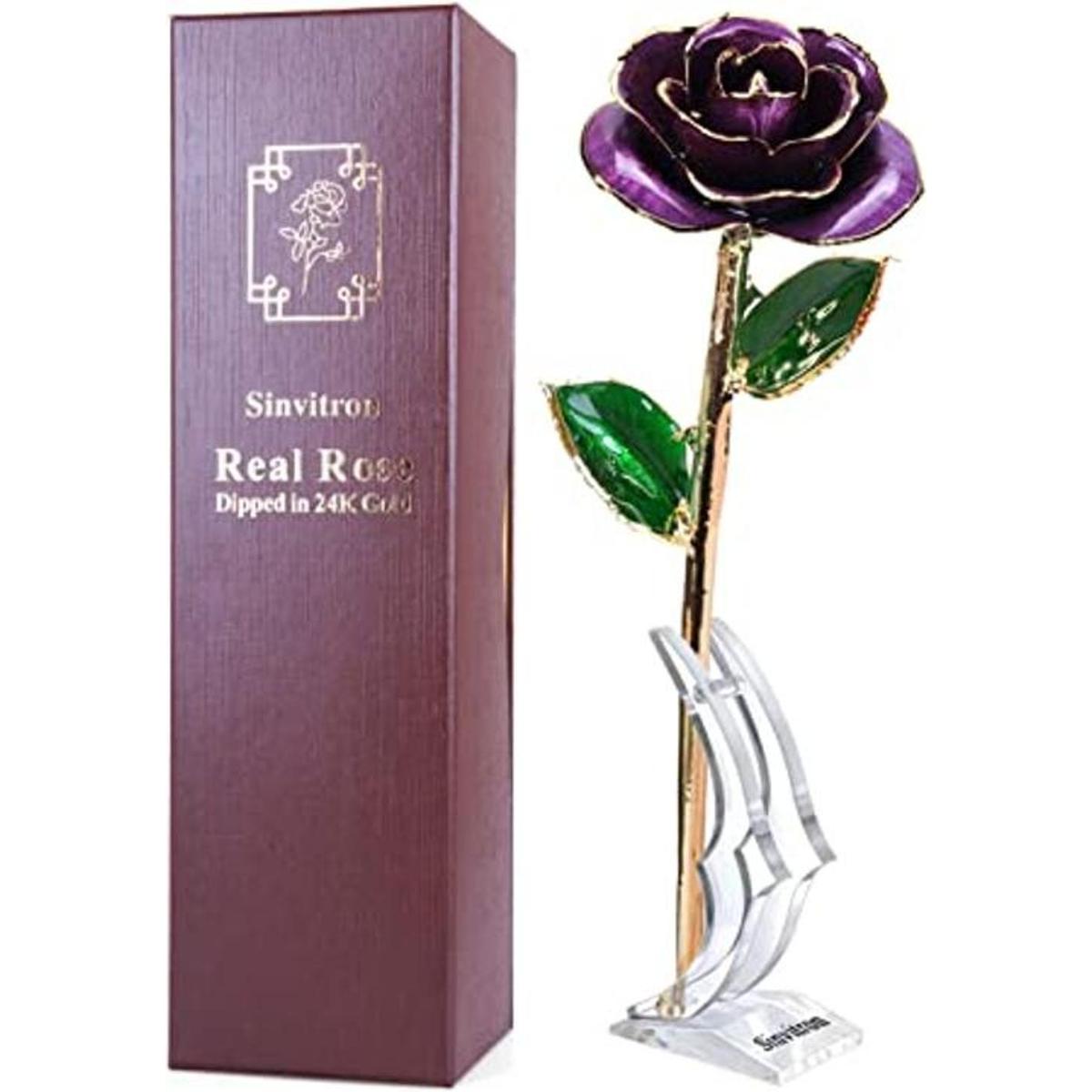 Sinvitron rosa real bañada en oro con tallo largo de