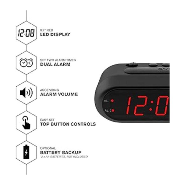 Sharp Digital Alarm Clock Black Case with Red LEDs_2