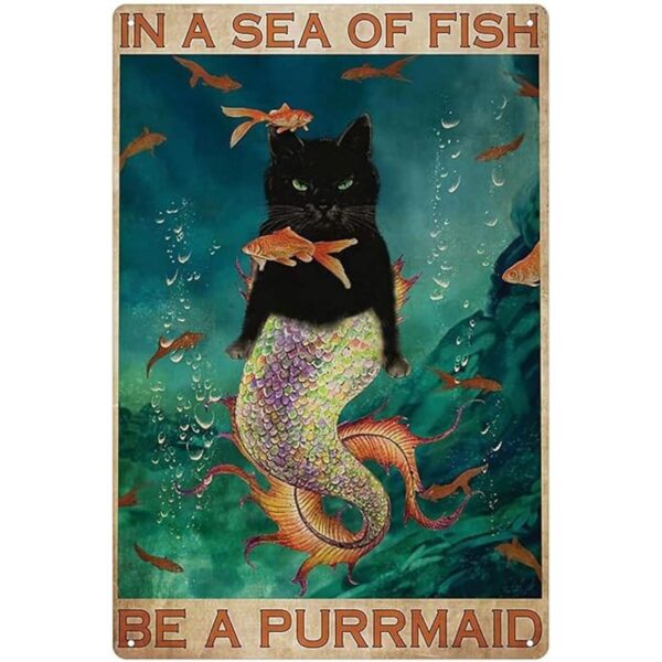 Señal de metal para pared diseño de gato de sirena_1