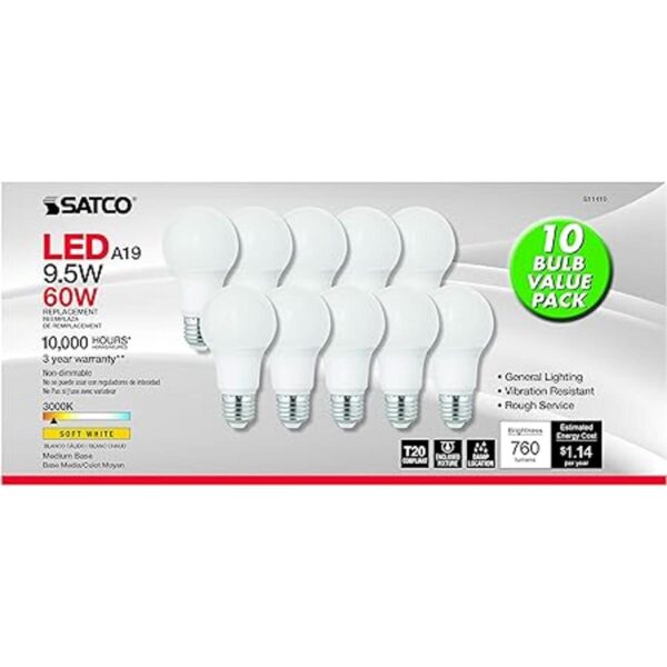 Satco 9.5 W 120 V A19 LED esmerilado E26 base mediana 760_2
