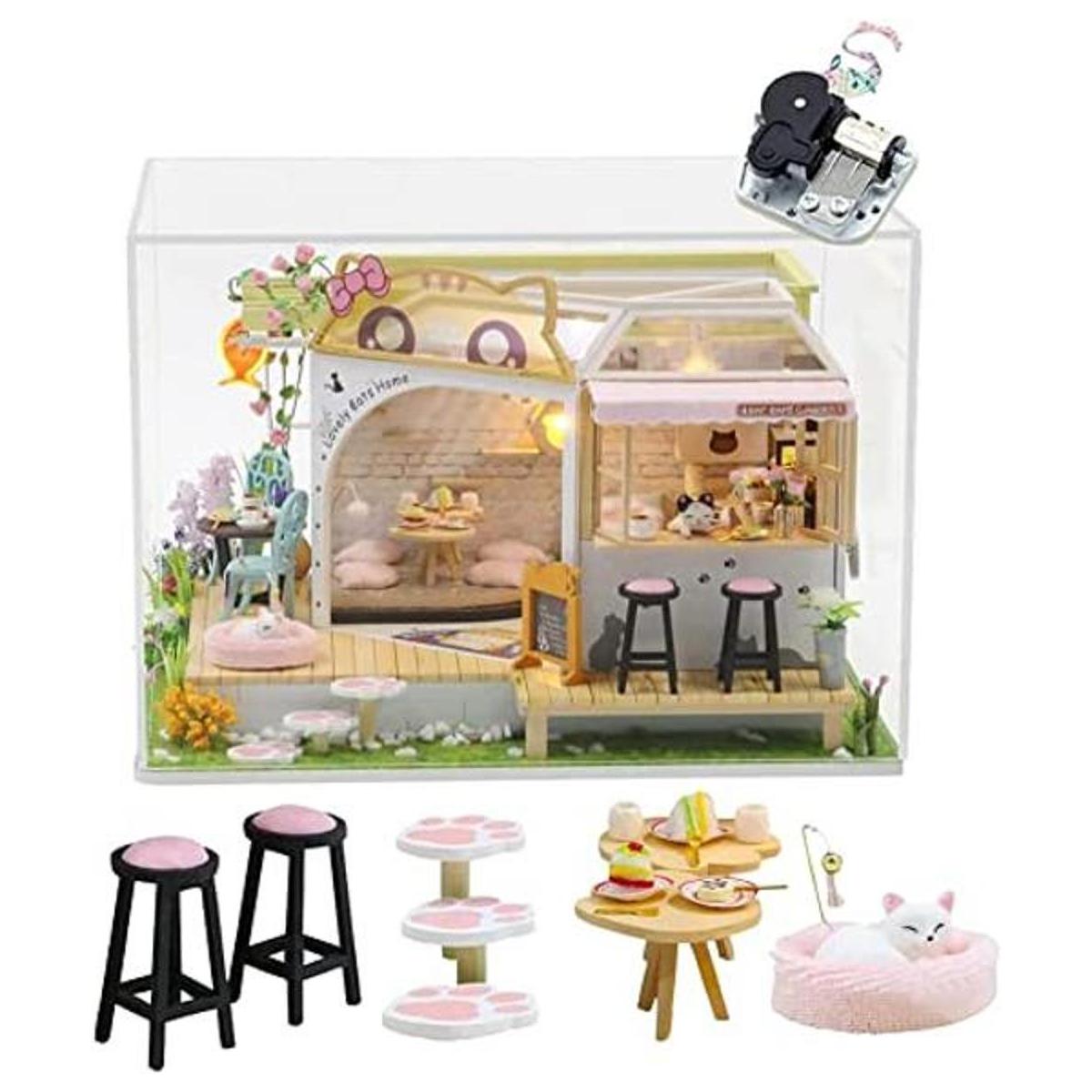 SYW DIY luces LED miniatura casa de muñecas kit gato café