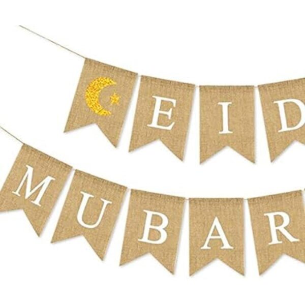 SWYOUN Burlap Eid Mubarak Banner Suministros con purpurina_3