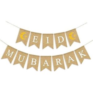 SWYOUN Burlap Eid Mubarak Banner Suministros con purpurina_1