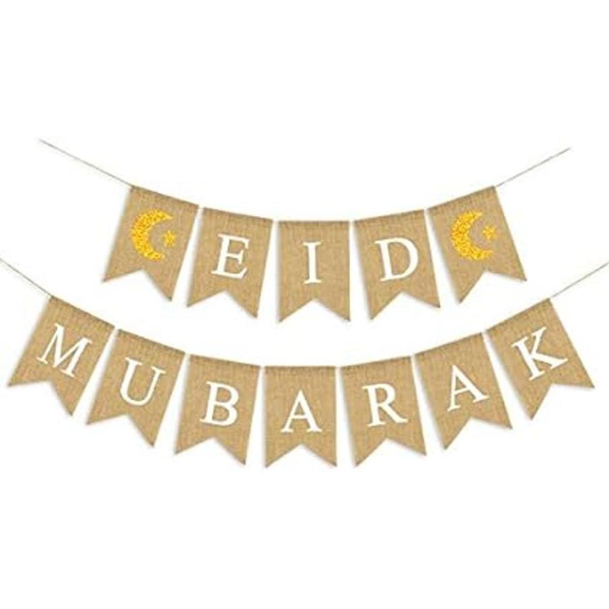 SWYOUN Burlap Eid Mubarak Banner Suministros con purpurina