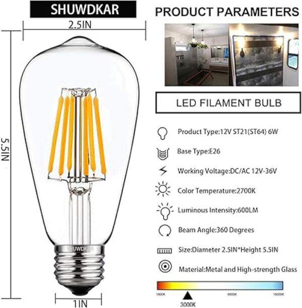 SHUWDKAR Bombillas LED de 12 V 6 W E26 ST64 bombilla de_2