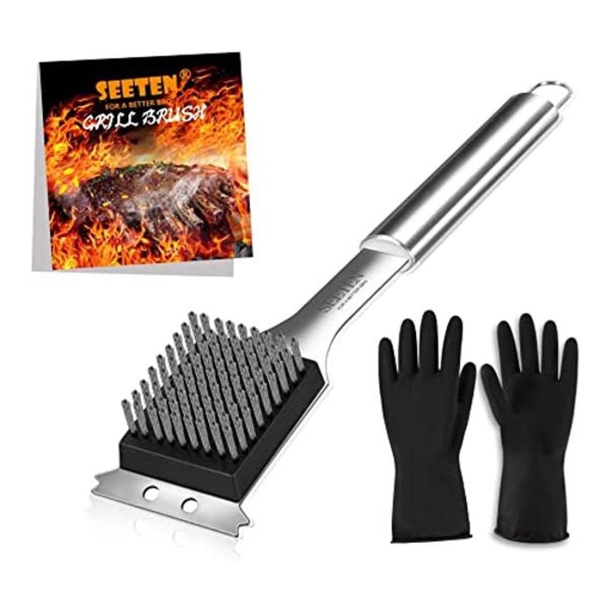 SEETEN Cepillo de parrilla y raspador con 1 guante de