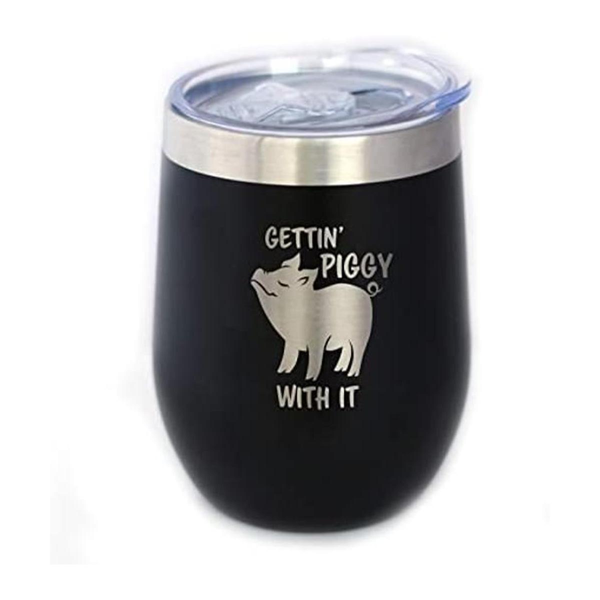 Gettin Piggy Vaso de vino con tapa deslizante Taza