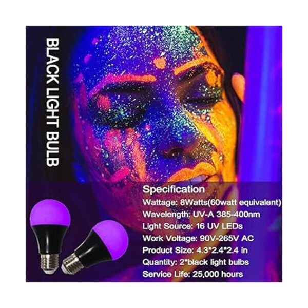 Bombillas LED UV negras paquete de 2 A19 E26 de 8 W para