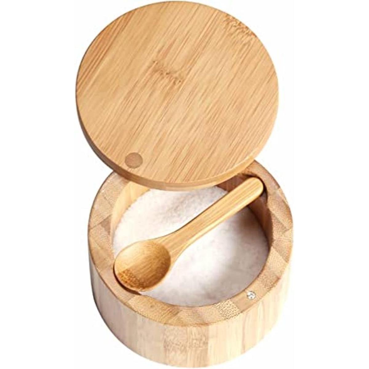 KITCHENDAO Caja de salero de bambú con cuchara integrada