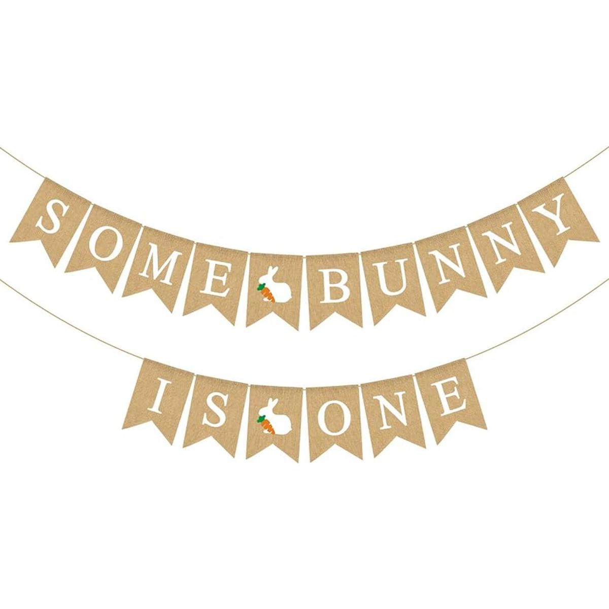 Rainlemon Yute Burlap Some Bunny is One Banner Primavera
