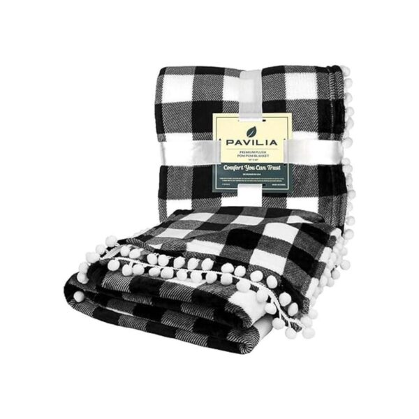 PAVILIA Manta con pompones a cuadros blancos y negros de