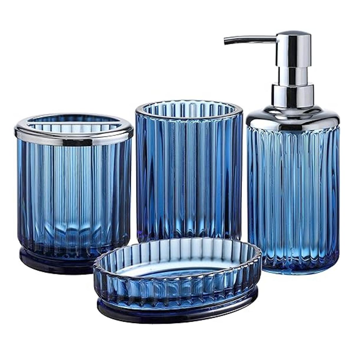 Juego de 4 accesorios de baño de vidrio azul decente