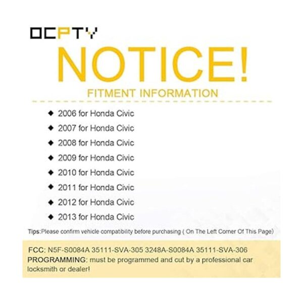 OCPTY 2 llaveros de repuesto para Honda Civic N5FS0084A_2