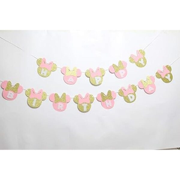 Bandera de cumpleaños de Minnie Mouse rosa y dorada._4