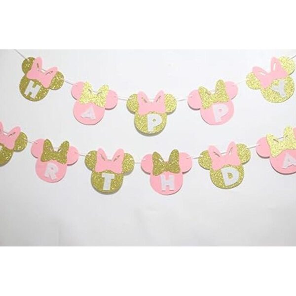 Bandera de cumpleaños de Minnie Mouse rosa y dorada._5
