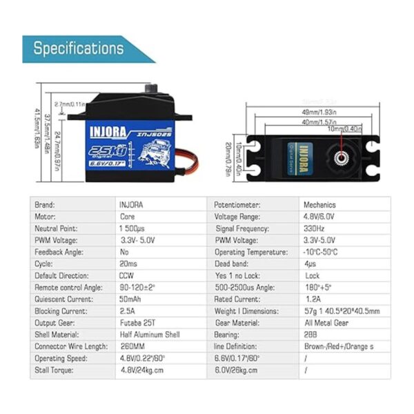 INJORA Servo RC Servo digital de 55.1 lbs de alto par de