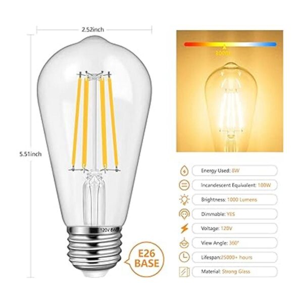 Paquete de 6 bombillas LED Edison regulables de 8 W
