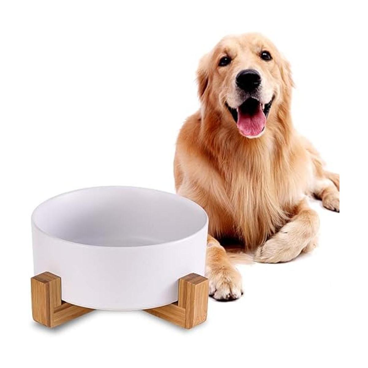 Cuencos de cerámica para perros con soporte de madera