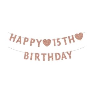 Pancarta de 15 cumpleaños de oro rosa con purpurina para_1