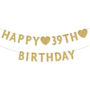Pancarta dorada de Happy 39th Birthday con purpurina_1