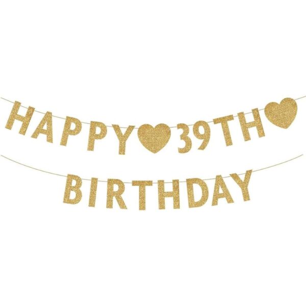 Pancarta dorada de Happy 39th Birthday con purpurina_1