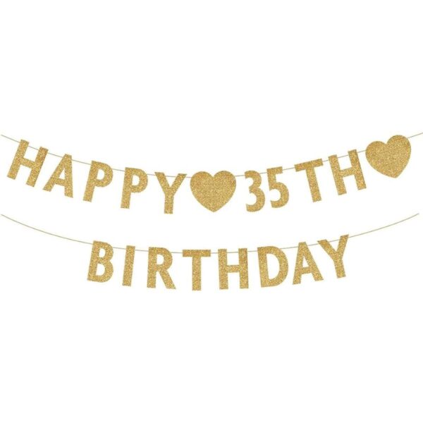 Pancarta dorada de Happy 35th Birthday con purpurina_1
