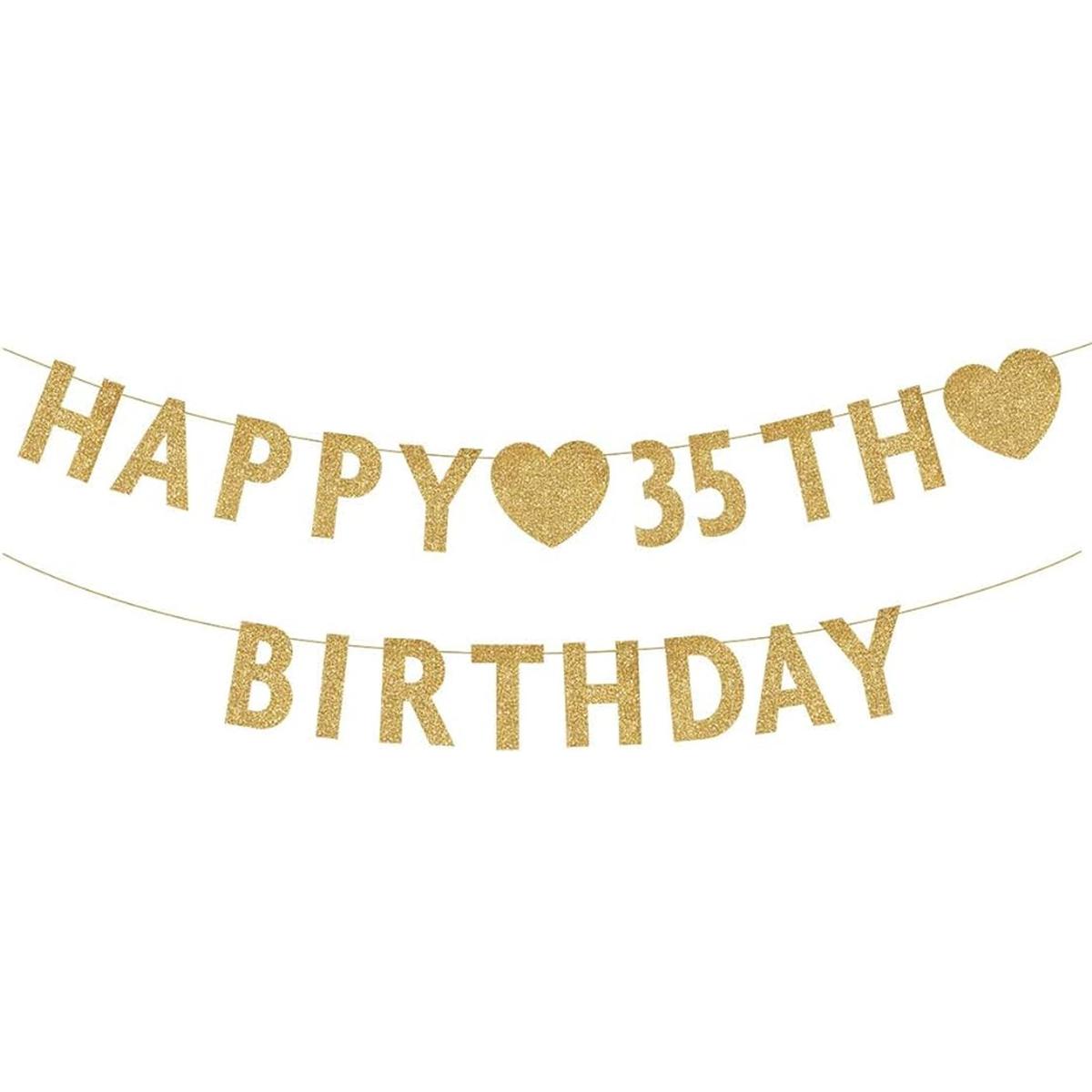 Pancarta dorada de Happy 35th Birthday con purpurina