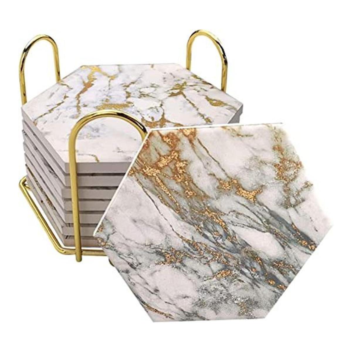Juego de posavasos con soporte de metal diseño de mármol