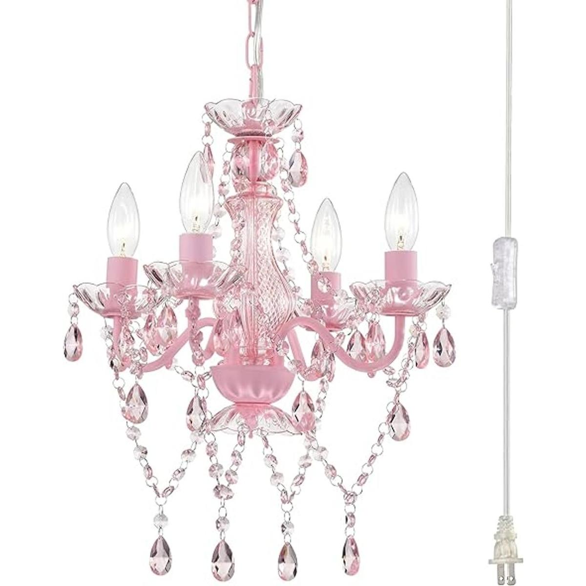 Lámpara de araña enchufable con cable candelabro rosa de