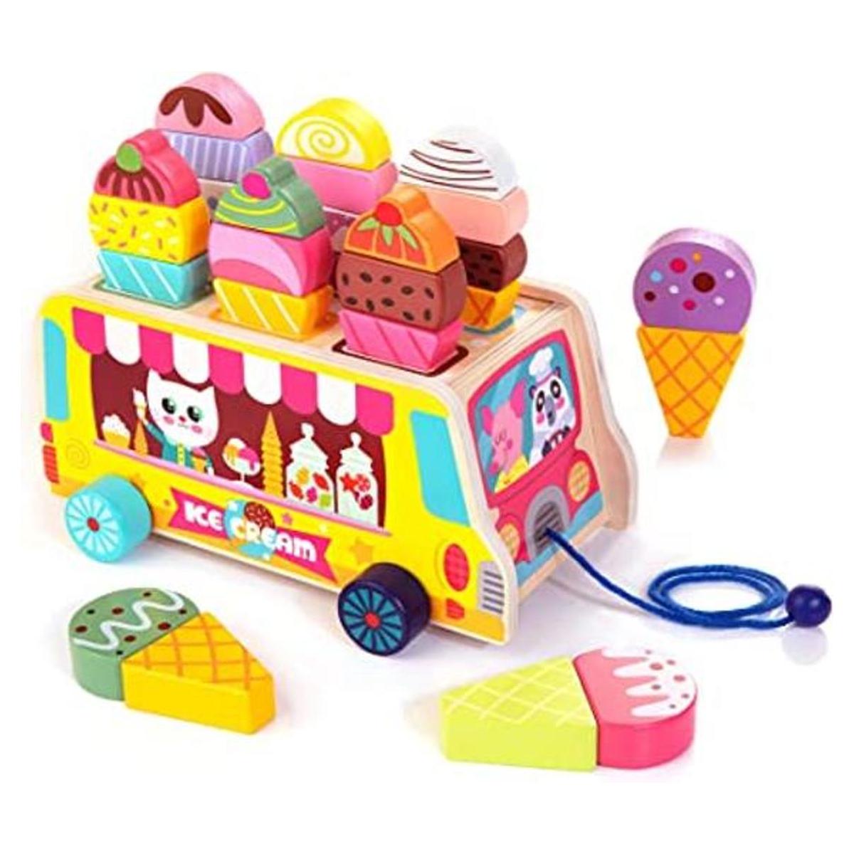 HELLOWOOD Camión de helados de madera 28 piezas de dulces