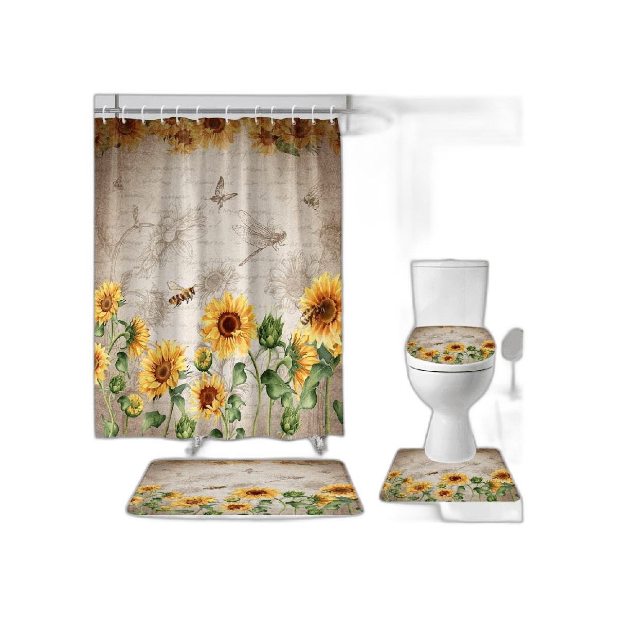 Kikiry Juego de 4 cortinas de ducha de girasol decoración
