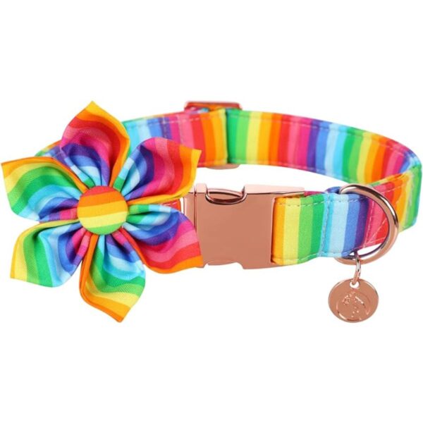 DOGWONG Collar de perro de algodón arcoíris con flor_1