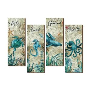 4 piezas de decoración de baño oceánico letrero rústico