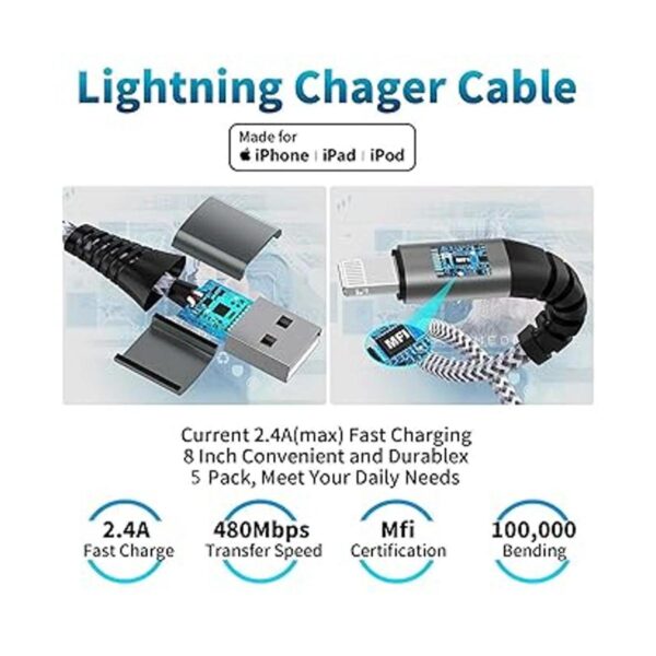 Paquete de 5 cables Lightning cortos 8 pulgadas_3