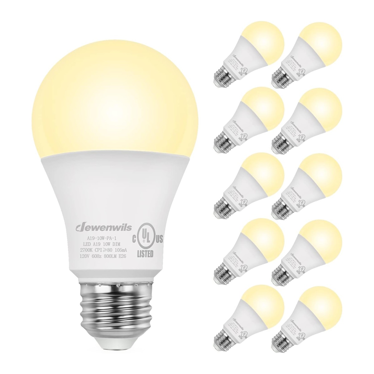 DEWENWILS Paquete de 10 bombillas LED A19 regulables luz