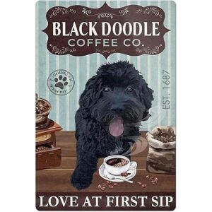 Cartel de metal negro de Doodle Coffee Co. Love At First_1