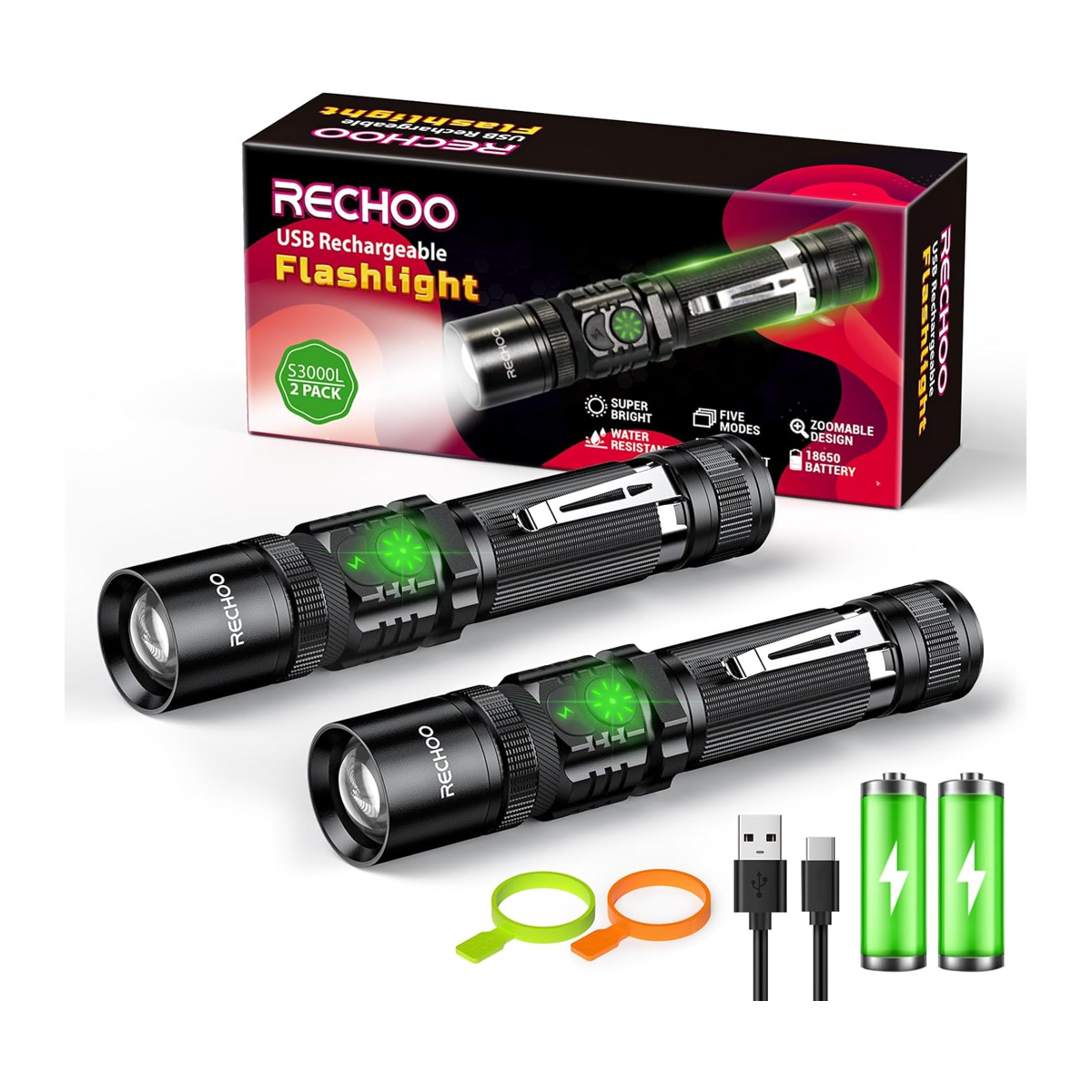 RECHOO Linternas recargables con doble interruptor luces