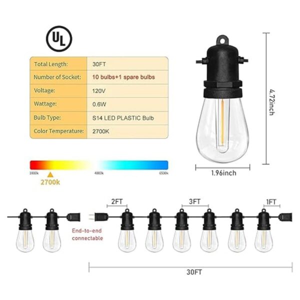 Cadena de luces LED para exteriores S14 de 30 pies con 10_2