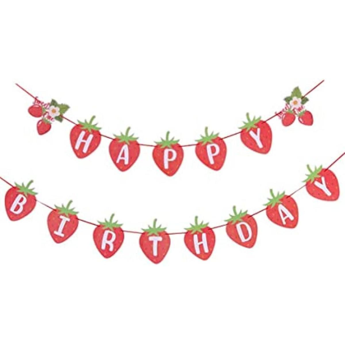 Banner de feliz cumpleaños de fresa con diseño de bayas