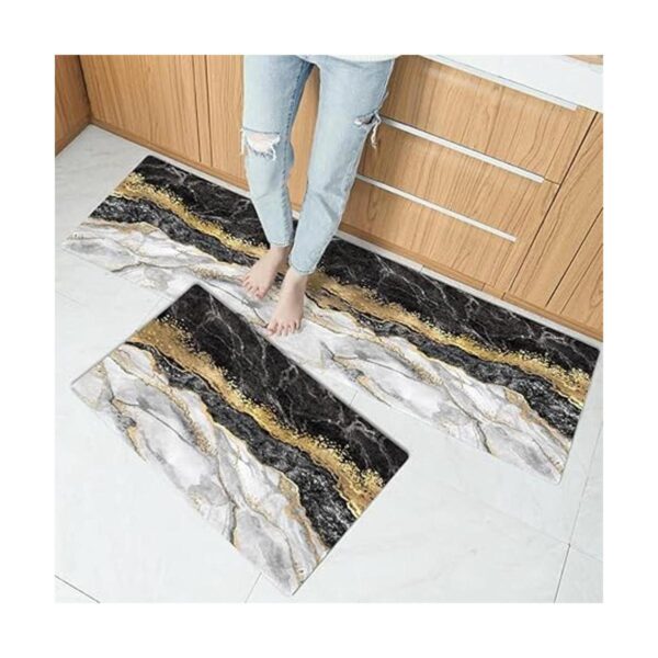 Black Gold Marble Kitchen Mat and Rugs 2 Pieces Anti