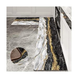 Black Gold Marble Kitchen Mat and Rugs 2 Pieces Anti
