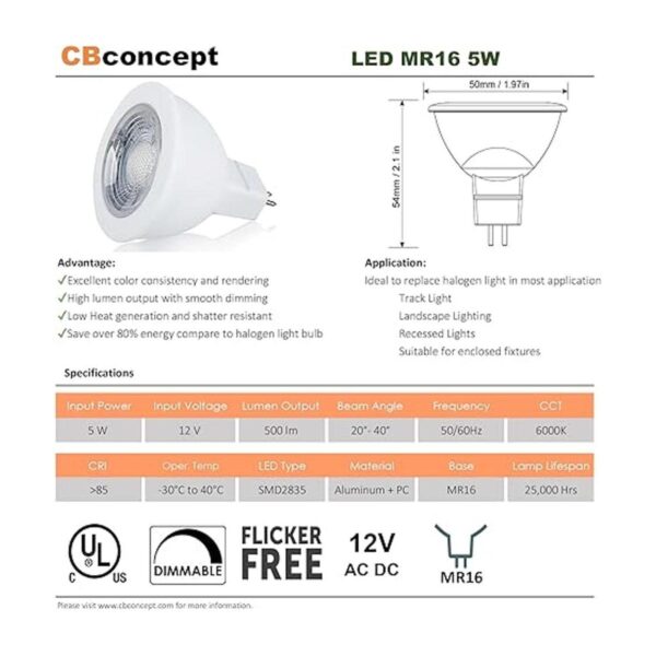 CBconcept UL MR16 Bombillas LED UL.LEDMR165WPW10_2