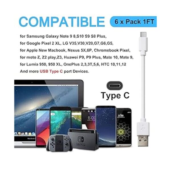 Cable USB tipo C corto blanco 6 unidades 1 pie cable_3