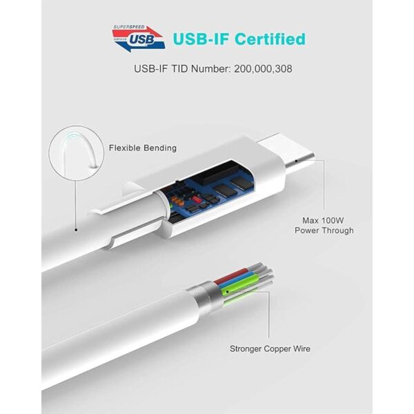 Cable de carga USB C a C de 10 pies 100 W5 A cable