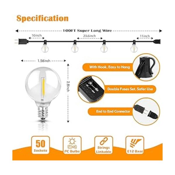 Cadena de luces LED G40 de 100 pies para exteriores_3