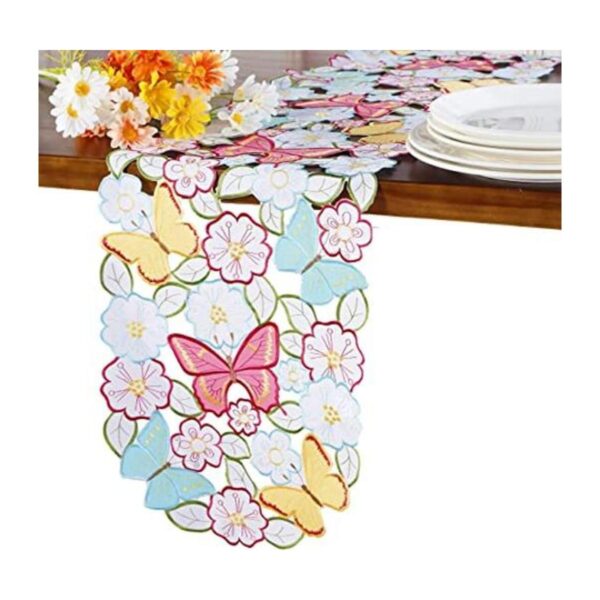 Camino de mesa con flores de primavera cutwork bordado