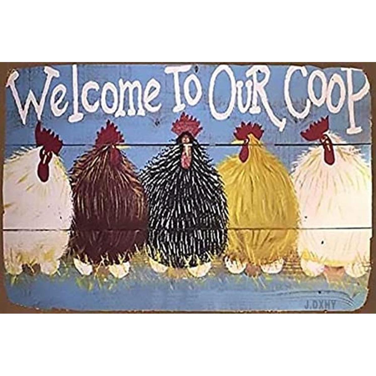 Cartel de metal de estaño con diseño de gallina